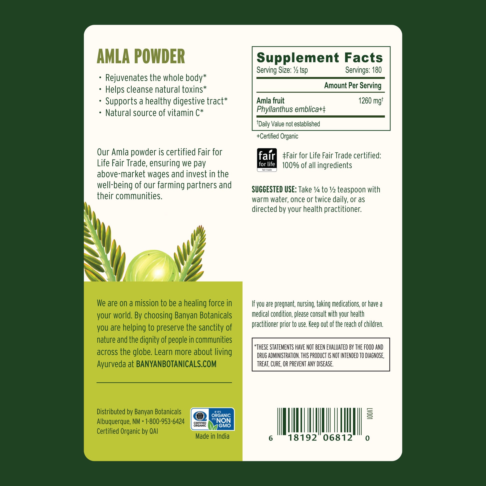 1/2 lb: Amla Powder Supplement Facts