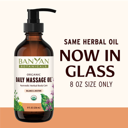 8 fl oz: Daily Massage oil 8 Oz Now in Glass