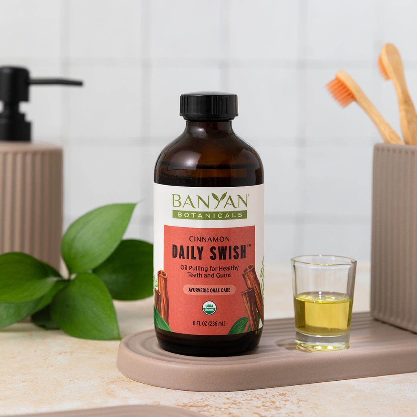 8 fl oz: Daily Swish Cinnamon in bathroom setting