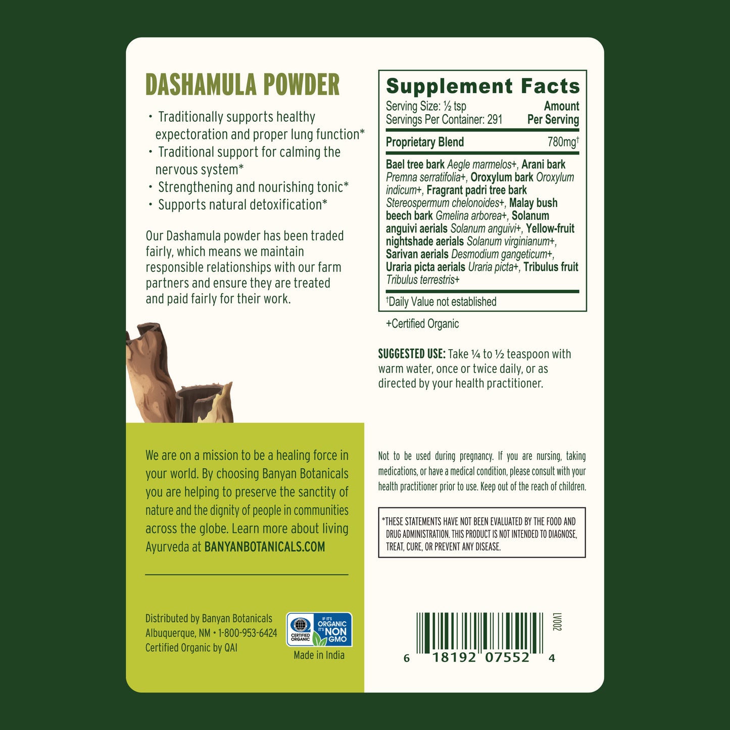 1/2 lb: Dashamula powder Supplement Facts