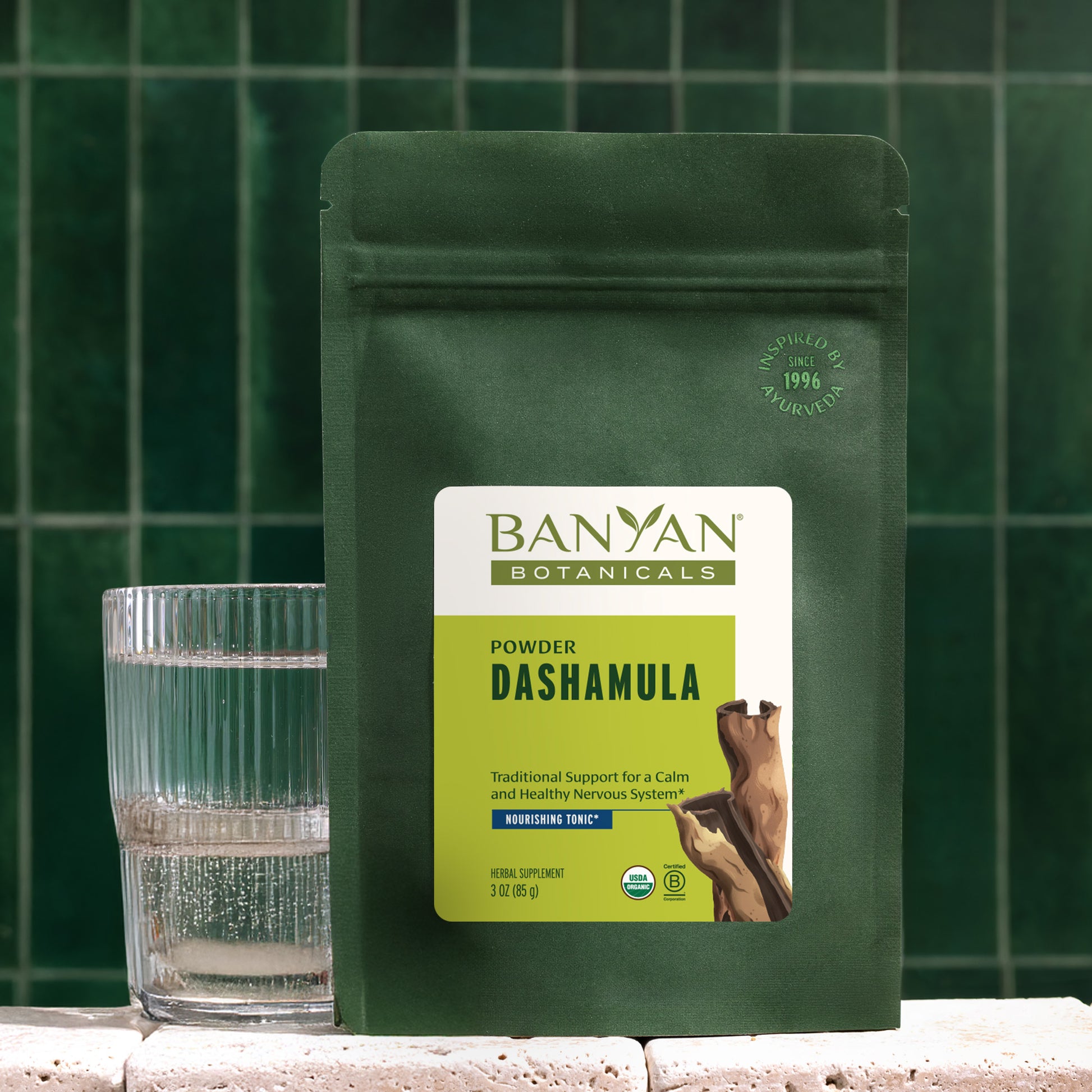 3 oz: Dashamula Powder with water glass