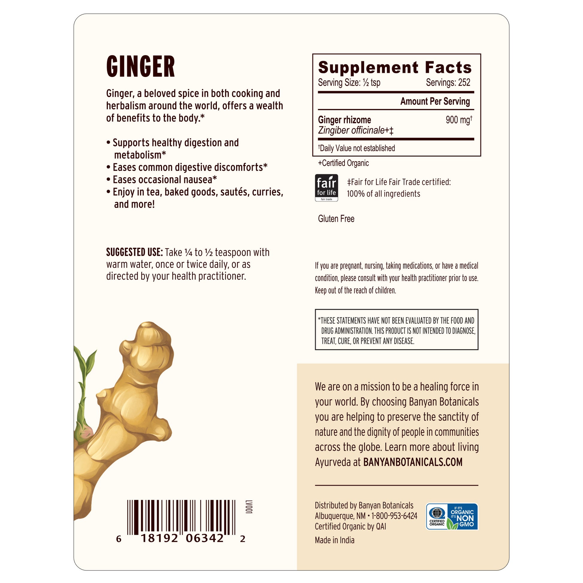 1/2 lb: Back label of ginger powder showing supplement facts