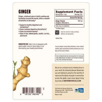 1/2 lb: Back label of ginger powder showing supplement facts