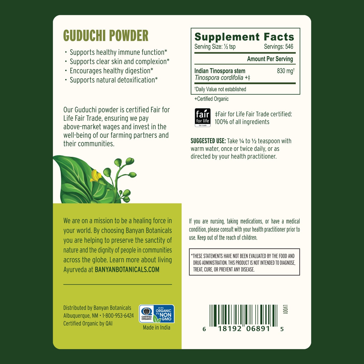 1 lb: guduchi powder back label