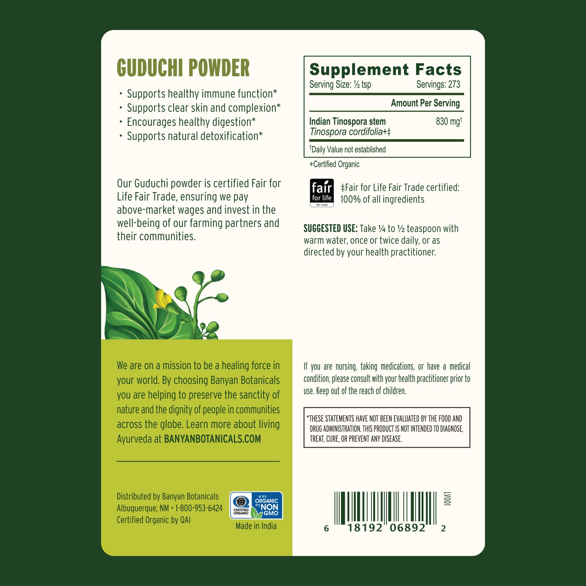 1/2 lb: guduchi powder back label