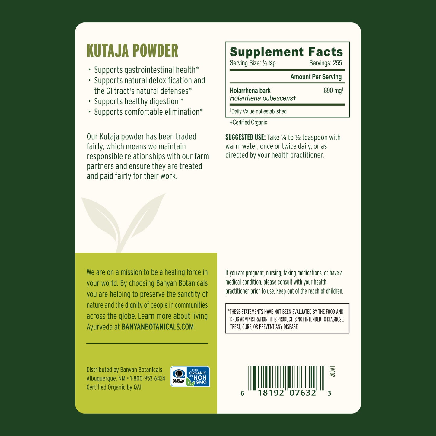 Banyan Organic Kutaja powder back label with supplement facts