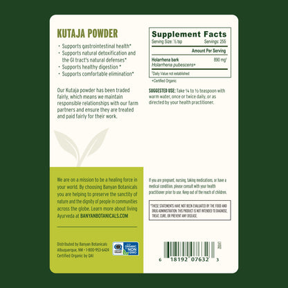 Banyan Organic Kutaja powder back label with supplement facts