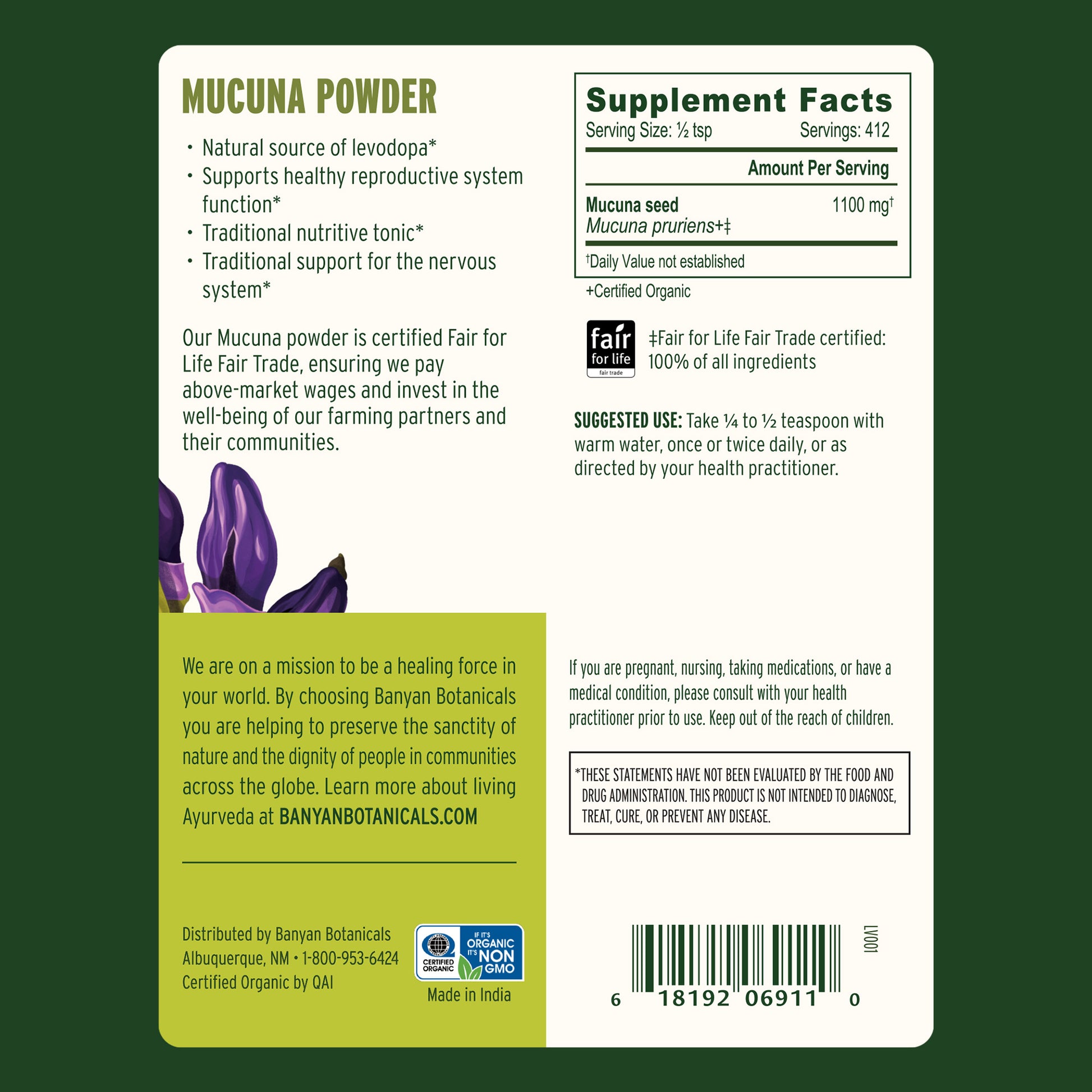 1 lb: Mucuna Powder Supplement Facts