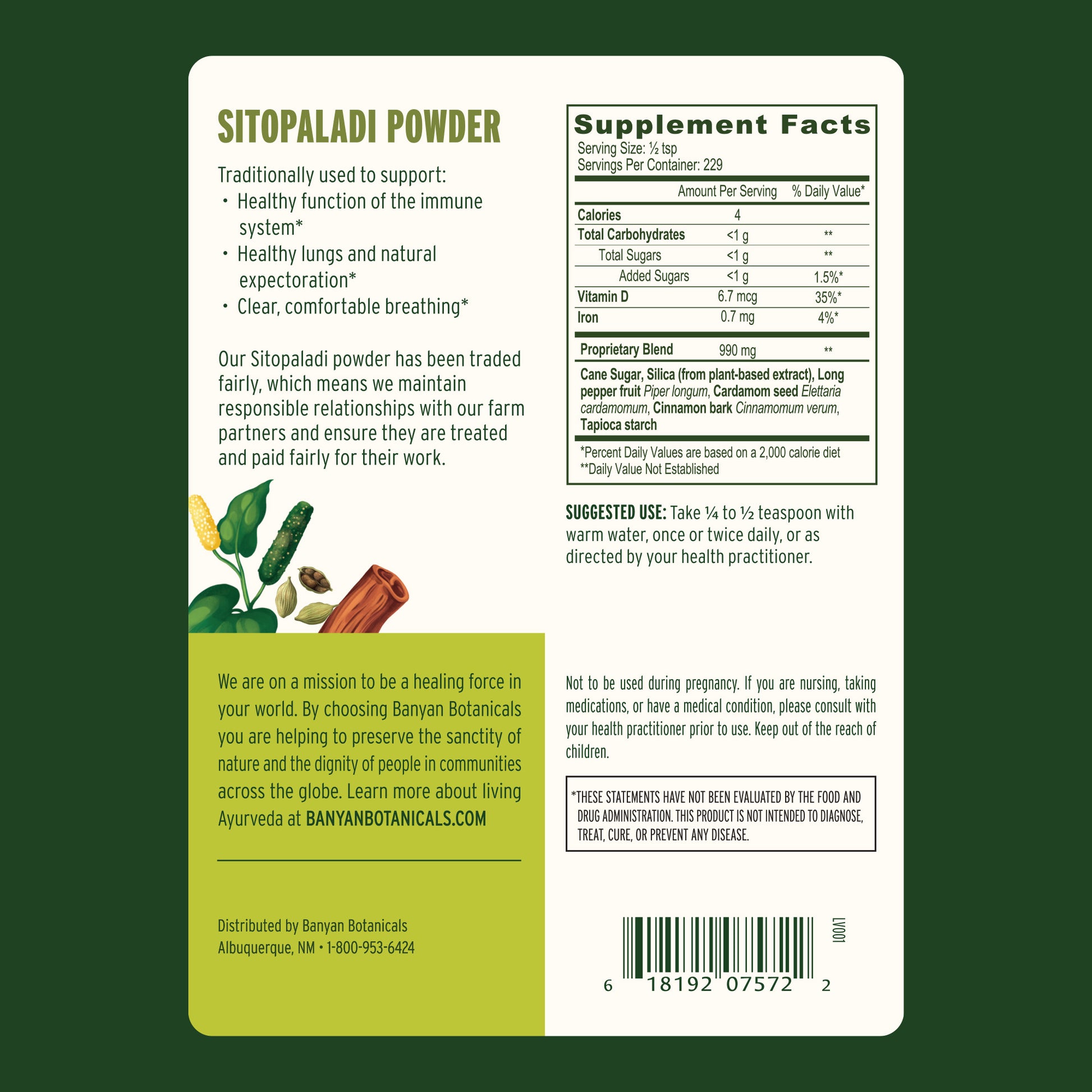 1/2 lb: Sitopaladi powder back label showing supplement facts panel