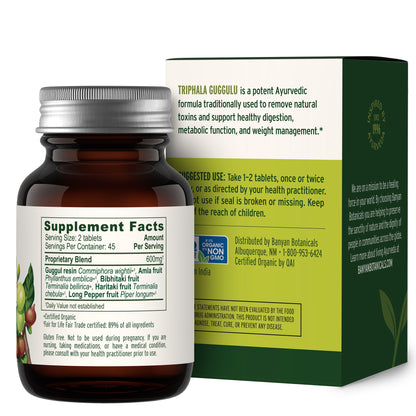 Back of Triphala Guggulu bottle and box with supplement facts and suggested use