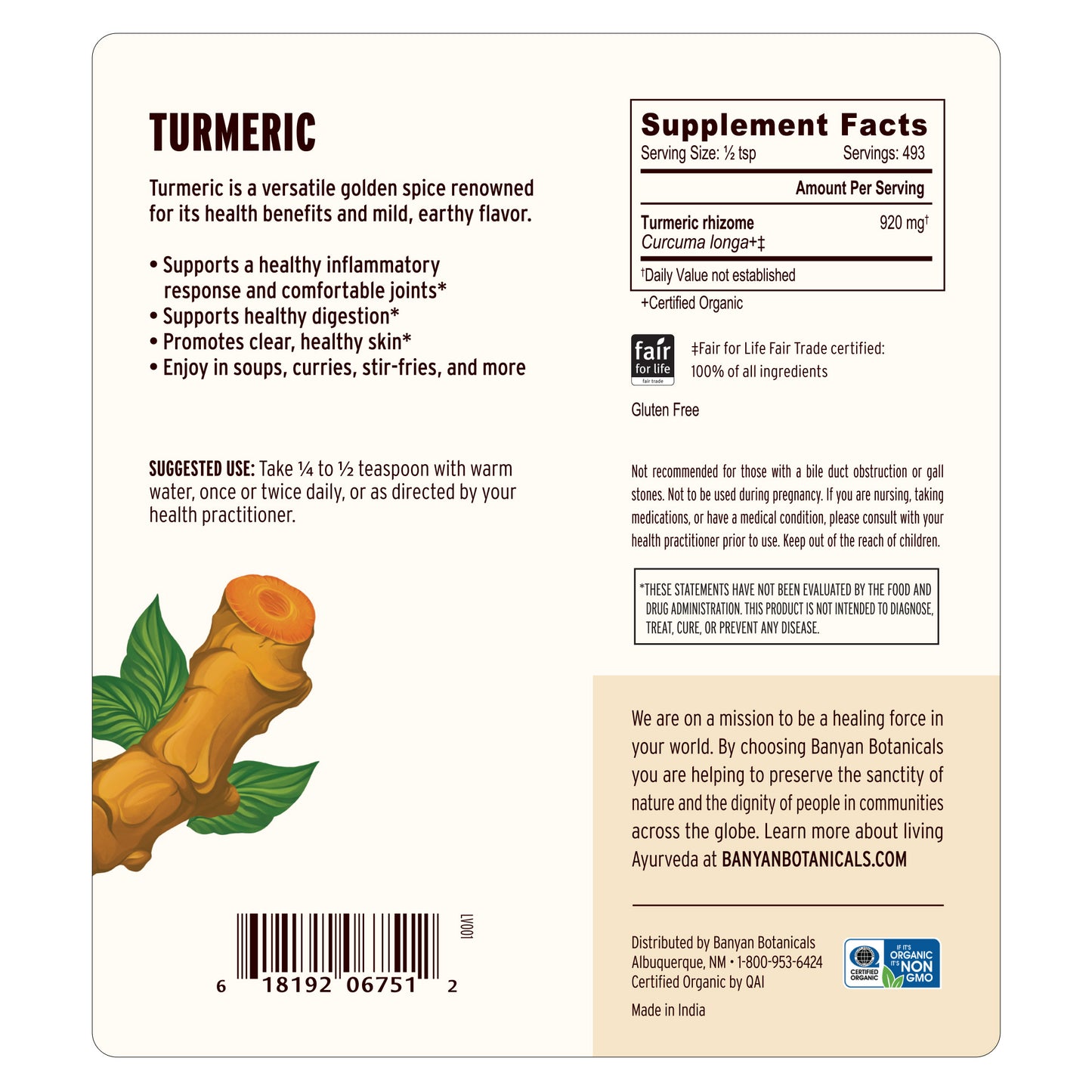 1 lb: Turmeric powder back label showing supplement facts panel