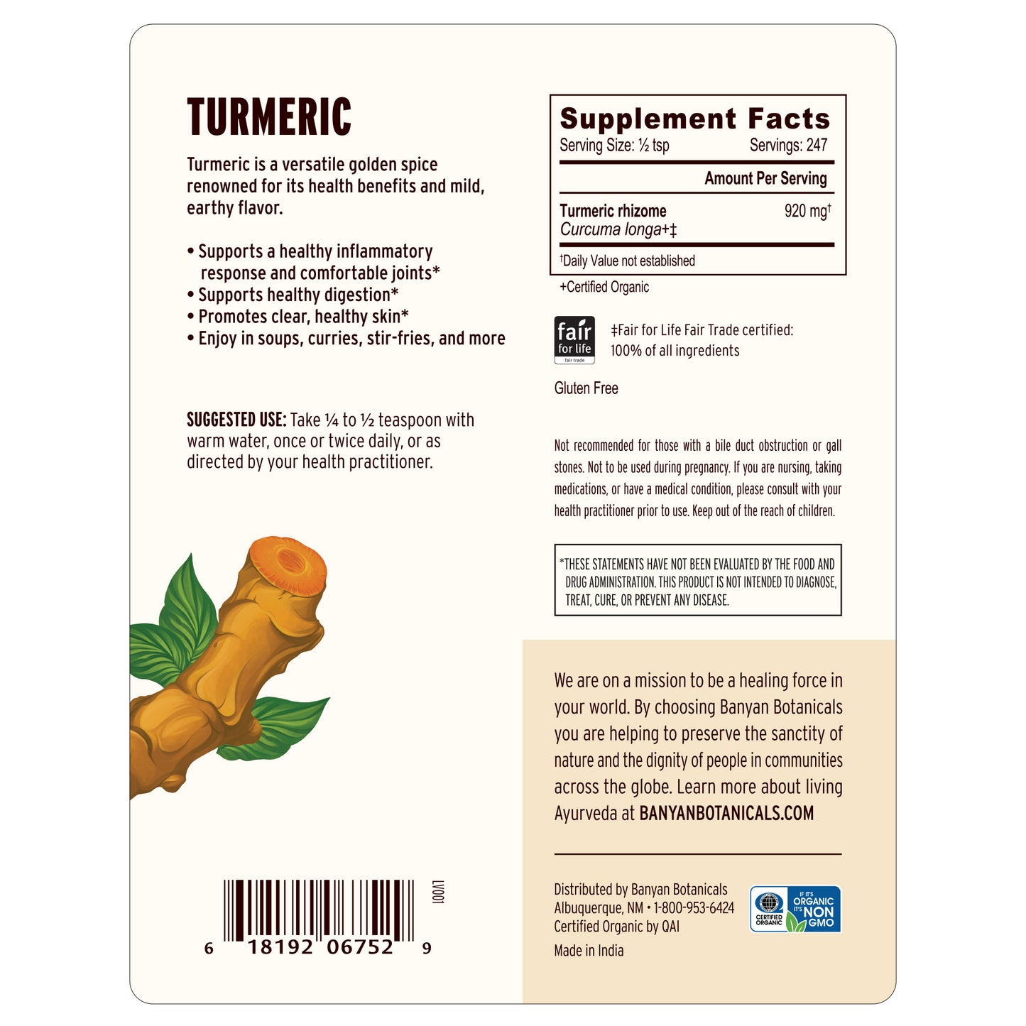 1/2 lb: Turmeric powder back label showing supplement facts panel