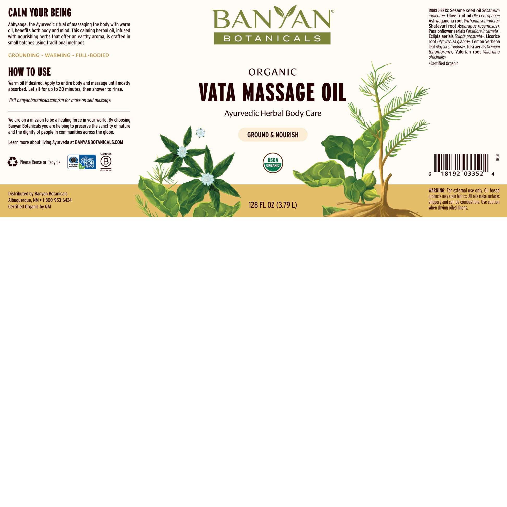 128 fl oz: Vata Massage Oil supplement facts label